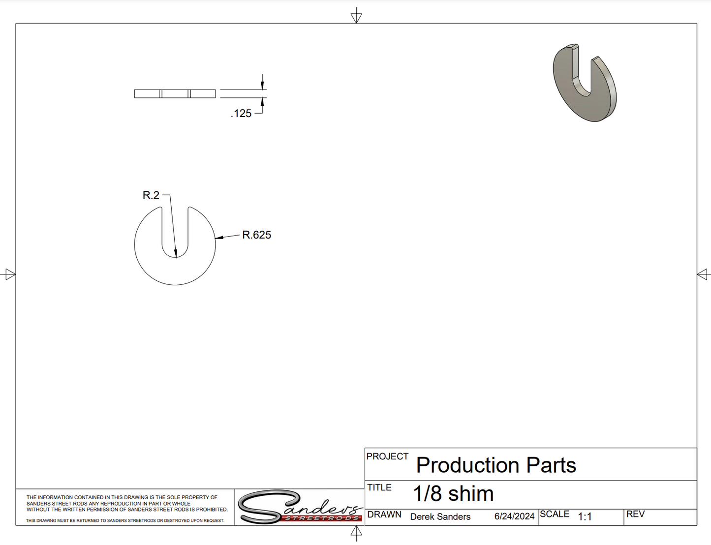 1/8" 6061 Aluminum Body Shim 8 Pack